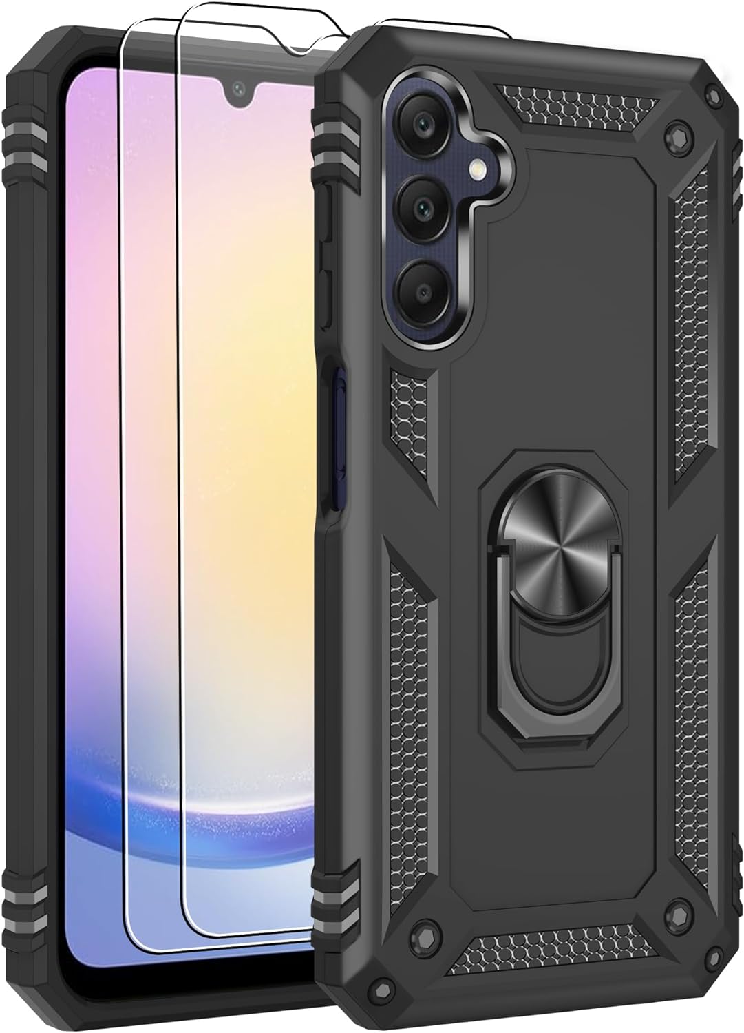 iCatchy Case for Samsung Galaxy A25 5G Ring Holder Military Grade Protective Shockproof Tough Cover with 2 Screen Protector Tempered Glass image 0