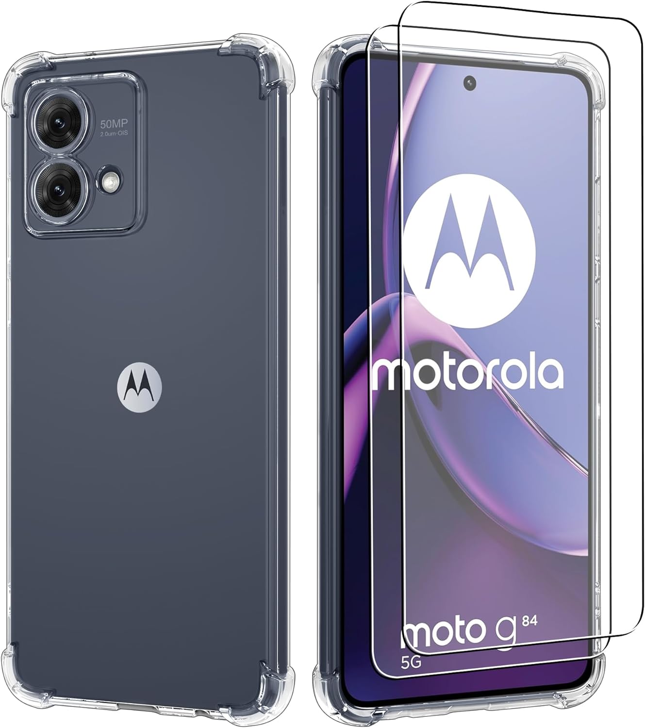 iCatchy Case for Motorola Moto G84 Phone, Shockproof Transparent Anti-Scratch Bumper Back Cover with 2-Pack Tempered Glass Screen Protector (Clear) image 0