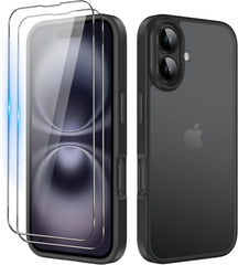 iCatchy Matte Case for iPhone 16 Plus 6.7-Inch 2x HD Screen Protector Tempered Glass Shockproof Military Grade Drop Protection, Frosted Translucent Back Phone Cover, Anti-Fingerprint Black image 0