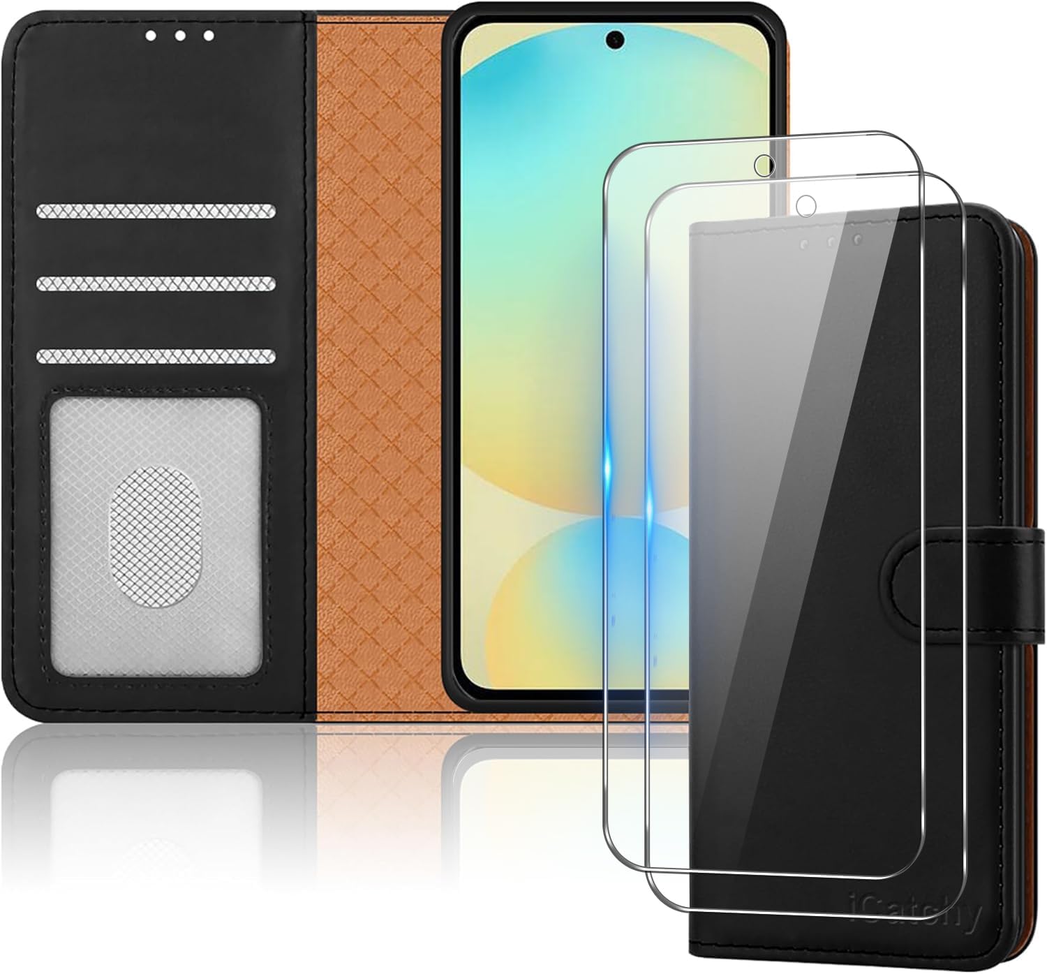 iCatchy for Samsung Galaxy S24 FE Case with 2X Screen Protectors Tempered Glass, Leather Wallet Flip Kickstand, Magnetic Closure, RFID Protection, Phone Cover image 0