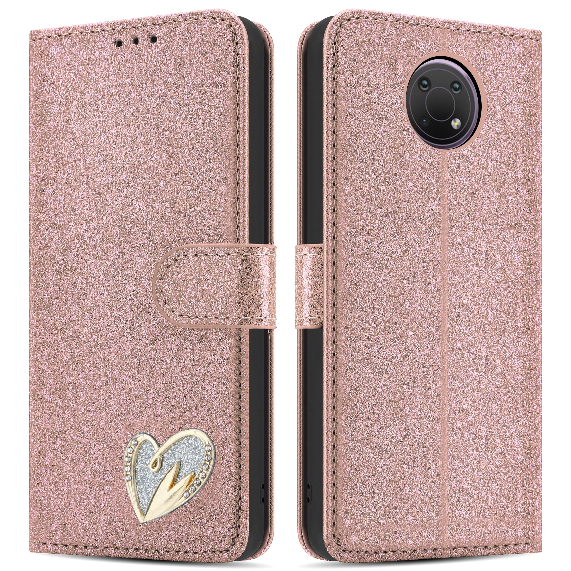 For Nokia G10 Case Shiny Leather Bling Glitter Wallet Book Flip Folio Stand View Cover Pouch (Rose Gold) image 0
