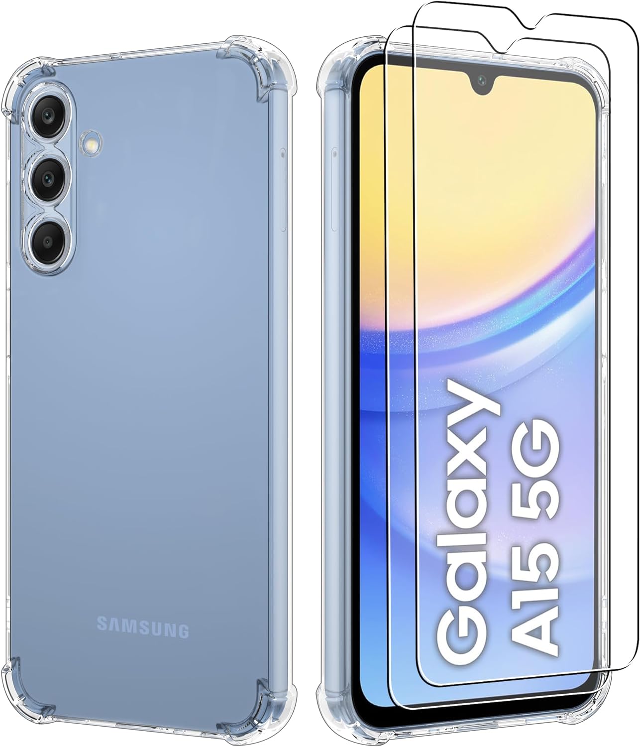 iCatchy Case for Samsung Galaxy A15 5G Phone, Shockproof Transparent Anti-Scratch Bumper Back Cover with 2-Pack Tempered Glass Screen Protector (Clear) image 0