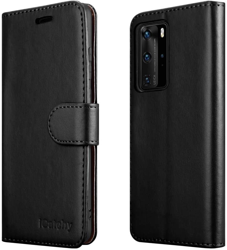 iCatchy For Huawei P40 Pro Case Leather Wallet Book Flip Folio Stand View Cover Compatible with Huawei P40 Pro Phone Cover (Black) image 0