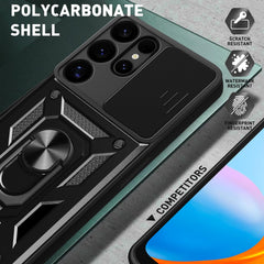 iCatchy for Samsung Galaxy S25 Ultra Case Military Grade Drop Protection Bumper Cover, 360°Rotate Magnetic Ring Stand, Slide Camera Lens Anti-Scratch Hybrid Tough Shell