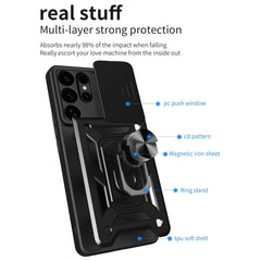iCatchy for Samsung Galaxy S25 Ultra Case Military Grade Drop Protection Bumper Cover, 360°Rotate Magnetic Ring Stand, Slide Camera Lens Anti-Scratch Hybrid Tough Shell