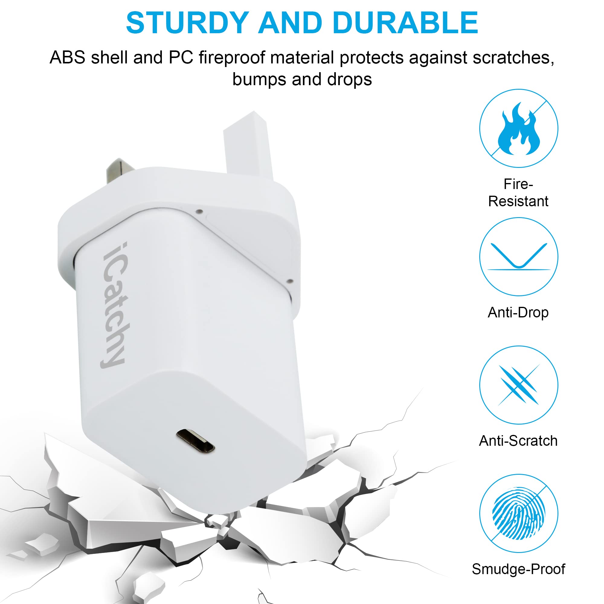 iCatchy USB C Wall Charger Plug – White, 20W, Type-C Wall Charger Plug Compatible with iPhone 13/12/S 2020/11/XS/XR/X/8, iPad Air Galaxy S21 Ultra/S21/S21 FE, Xiaomi, OnePlus 20W image 4