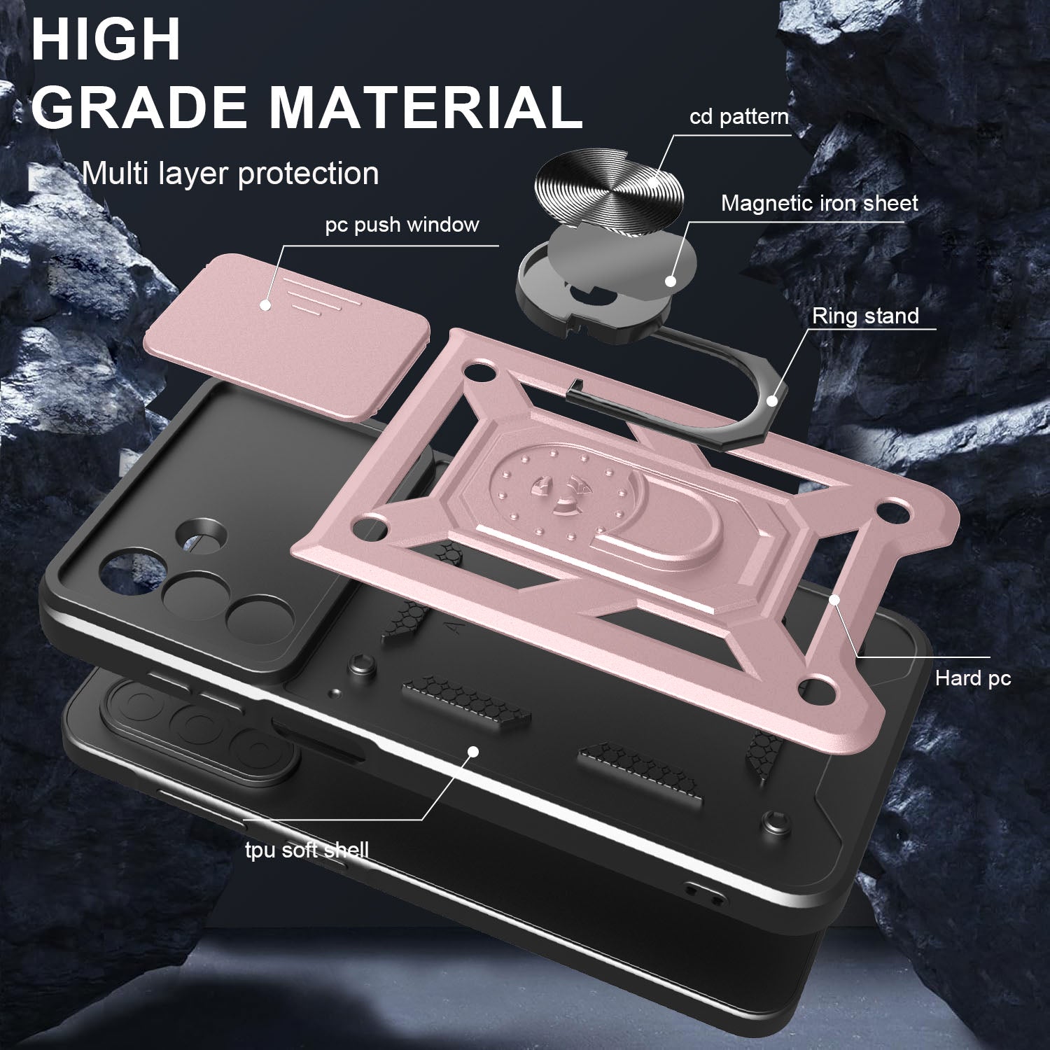 iCatchy Case for Samsung Galaxy A17 / A26 With 2 Screen Protector Sliding Camera Cover Shockproof Heavy-duty Military Rugged Ring Holder Kickstand