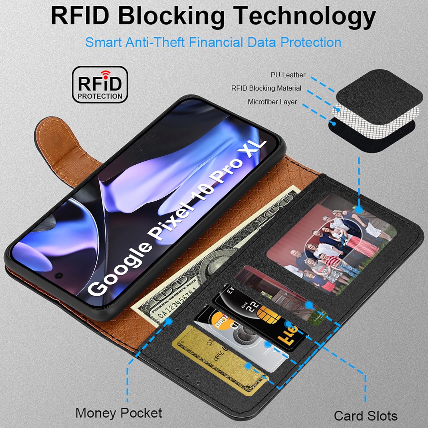 Case for Google 10 / 10 Pro with 4 Card Slots Leather Wallet Flip Book Magnetic Closure Kickstand Shockproof Protective Phone Cover compatible with Pixel 10 / 10 Pro