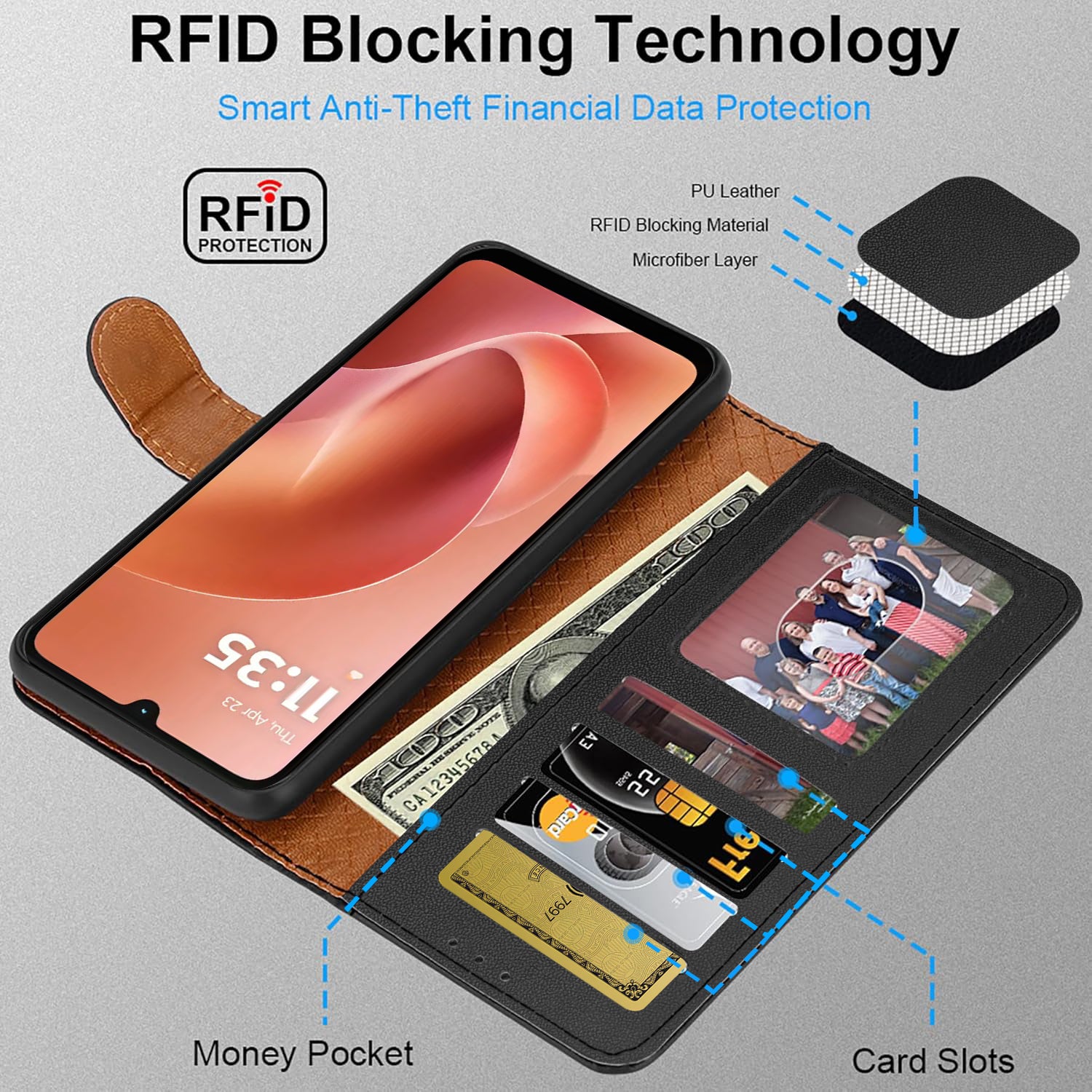 For Motorola G06 Case with 4 Card Slots Leather Wallet Flip RFID Magnetic Cover