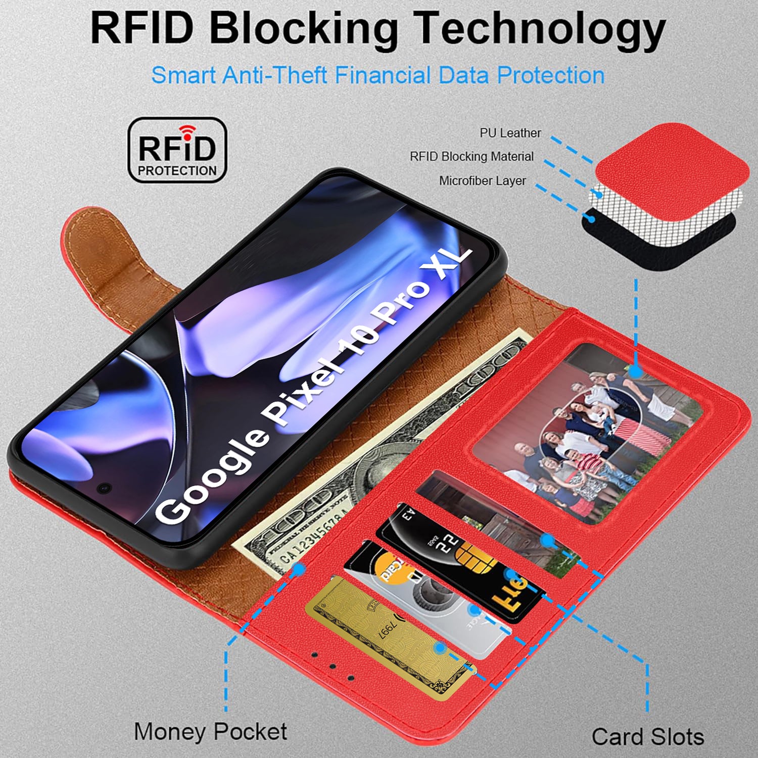 Case for Google 10 / 10 Pro with 4 Card Slots Leather Wallet Flip Book Magnetic Closure Kickstand Shockproof Protective Phone Cover compatible with Pixel 10 / 10 Pro
