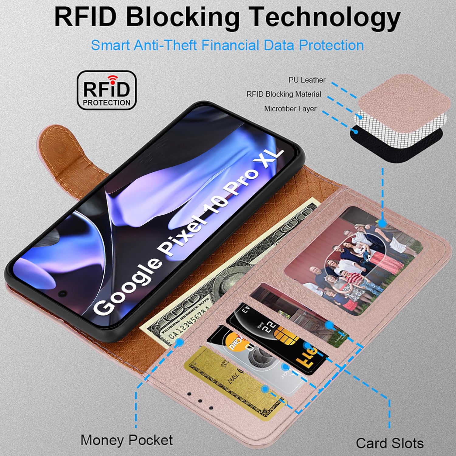 Case for Google 10 / 10 Pro with 4 Card Slots Leather Wallet Flip Book Magnetic Closure Kickstand Shockproof Protective Phone Cover compatible with Pixel 10 / 10 Pro