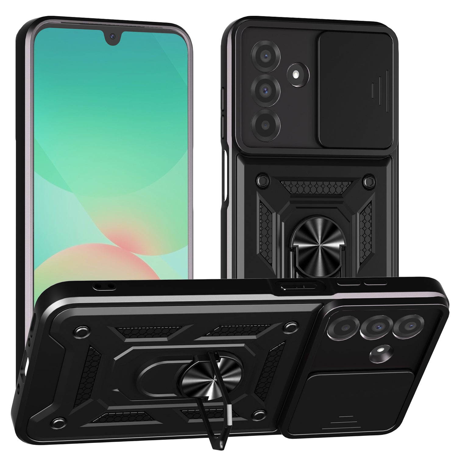 iCatchy Case for Samsung Galaxy A17 / A26 With 2 Screen Protector Sliding Camera Cover Shockproof Heavy-duty Military Rugged Ring Holder Kickstand