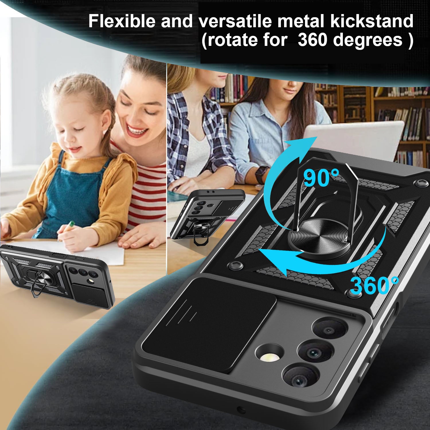 iCatchy Case for Samsung Galaxy A17 / A26 With 2 Screen Protector Sliding Camera Cover Shockproof Heavy-duty Military Rugged Ring Holder Kickstand