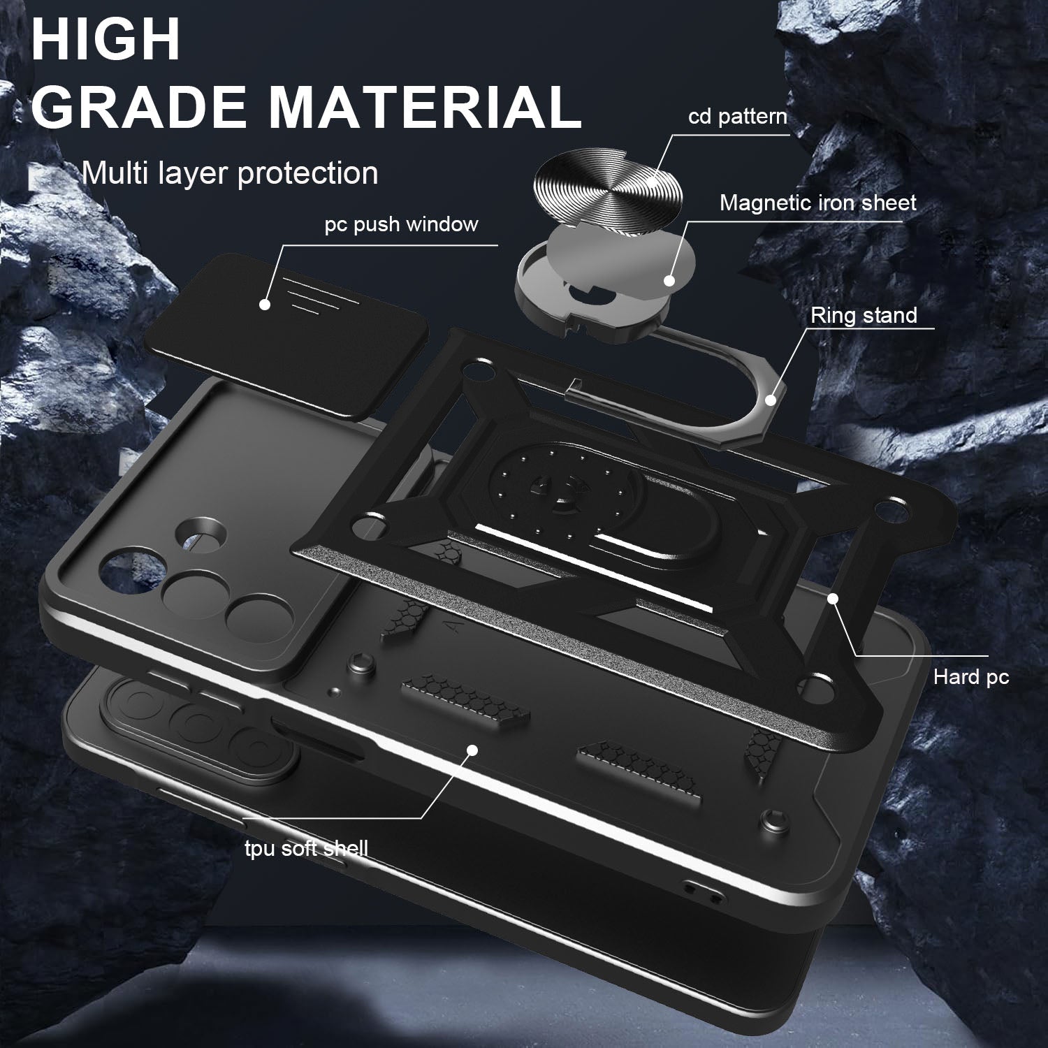 iCatchy Case for Samsung Galaxy A17 / A26 With 2 Screen Protector Sliding Camera Cover Shockproof Heavy-duty Military Rugged Ring Holder Kickstand