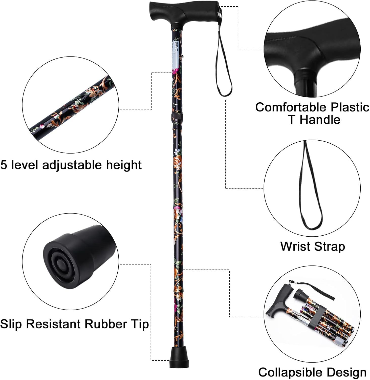 iCatchy Walking Flexible Stick, Easy Adjustable Height Folding Extendable Walking Aid Mobility Aid Collapsible Walking Stick for Unisex UKCA Approved