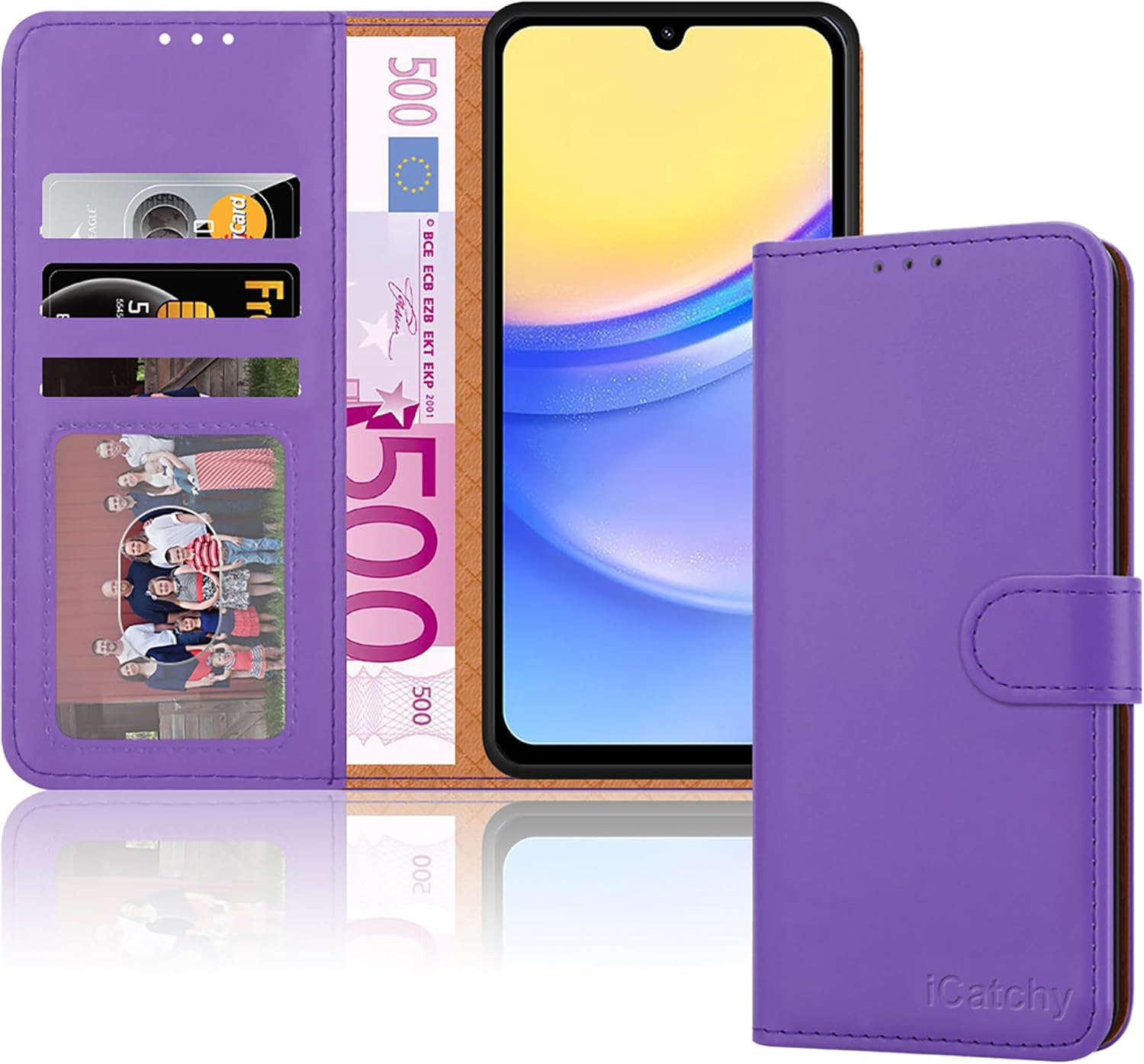 iCatchy for Samsung Galaxy A15 Case Leather Wallet Book Flip Folio Stand View Magnetic Protect RFID Blocking Cover compatible with Samsung A15 5G / A15 4G Phone Cover