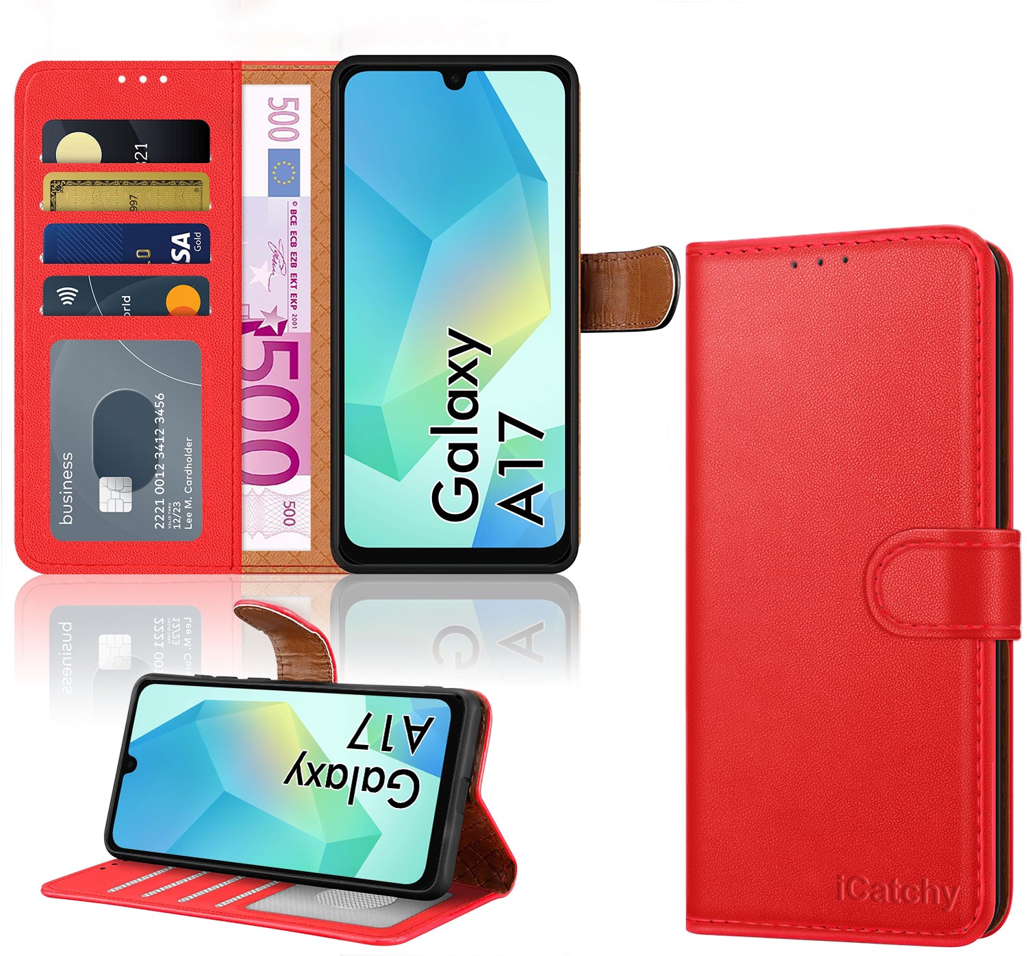 iCatchy for Samsung A17 5G Case with 4 Card Slots Leather Wallet Flip Book Magnetic Closure Kickstand Shockproof Protective Phone Cover compatible with Galaxy A17