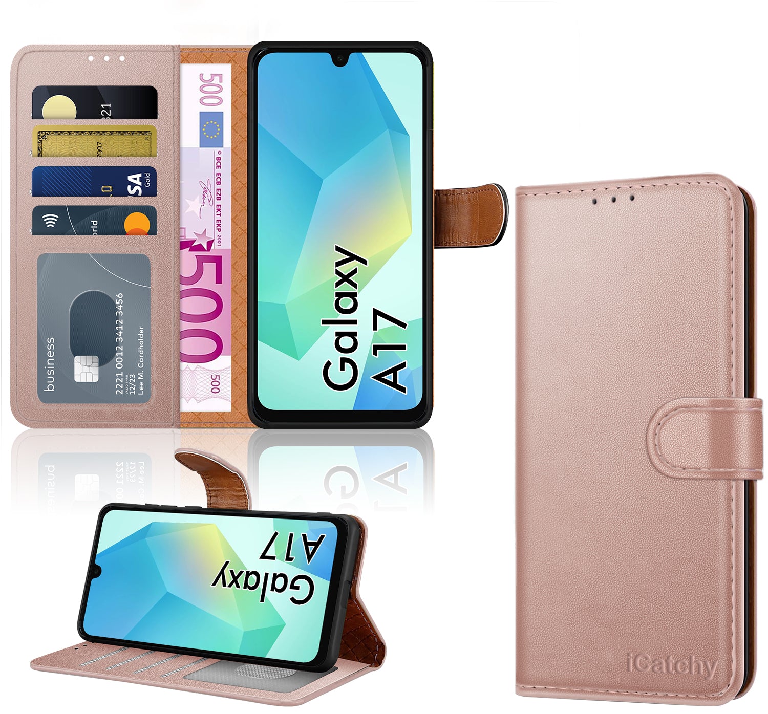 iCatchy for Samsung A17 5G Case with 4 Card Slots Leather Wallet Flip Book Magnetic Closure Kickstand Shockproof Protective Phone Cover compatible with Galaxy A17