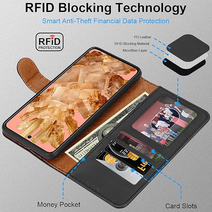 iCatchy for Google Pixel 8 Case Leather Wallet Book Flip Folio Stand View Magnetic Protect RFID Blocking Cover Compatible with Pixel 8 Phone
