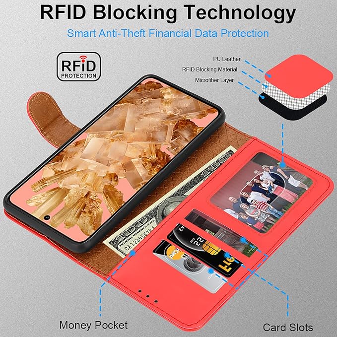 iCatchy for Google Pixel 8 Case Leather Wallet Book Flip Folio Stand View Magnetic Protect RFID Blocking Cover Compatible with Pixel 8 Phone