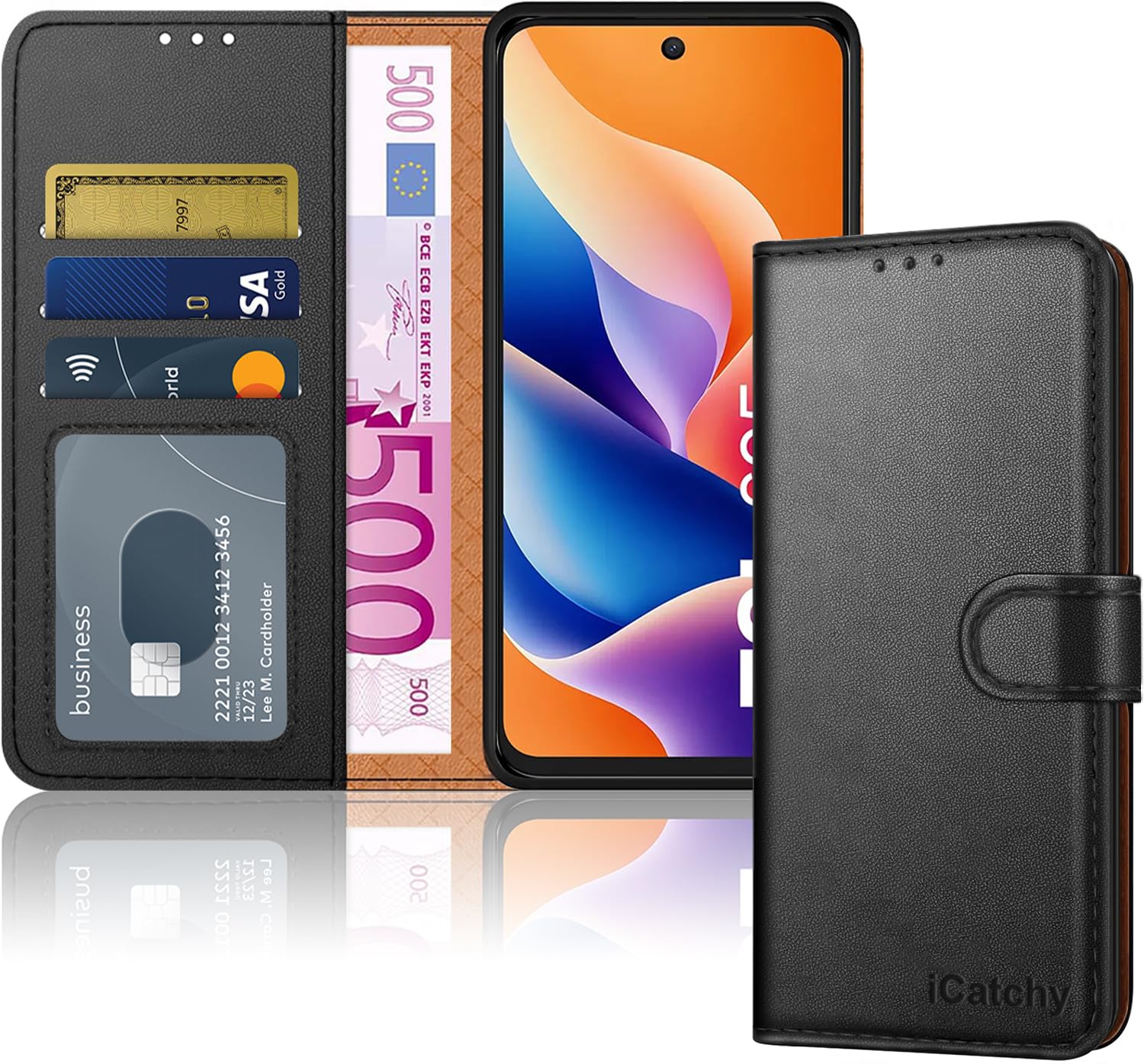 iCatchy for TCL 605 Case with 3 Card Slots Leather Wallet Flip Book RFID Blocking Magnetic Closure Kickstand Shockproof Protective Phone Cover compatible with TCL 605