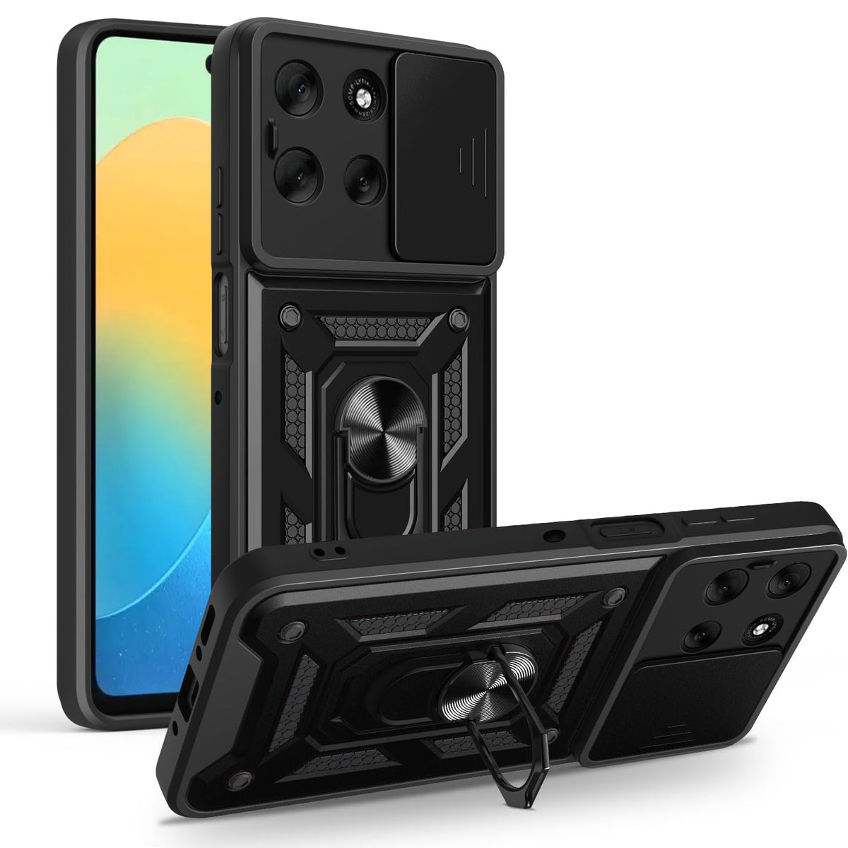 iCatchy Case for Motorola G56 Sliding Camera Cover Shockproof Heavy-duty Military Rugged Ring Holder Kickstand for Moto G56 Phone