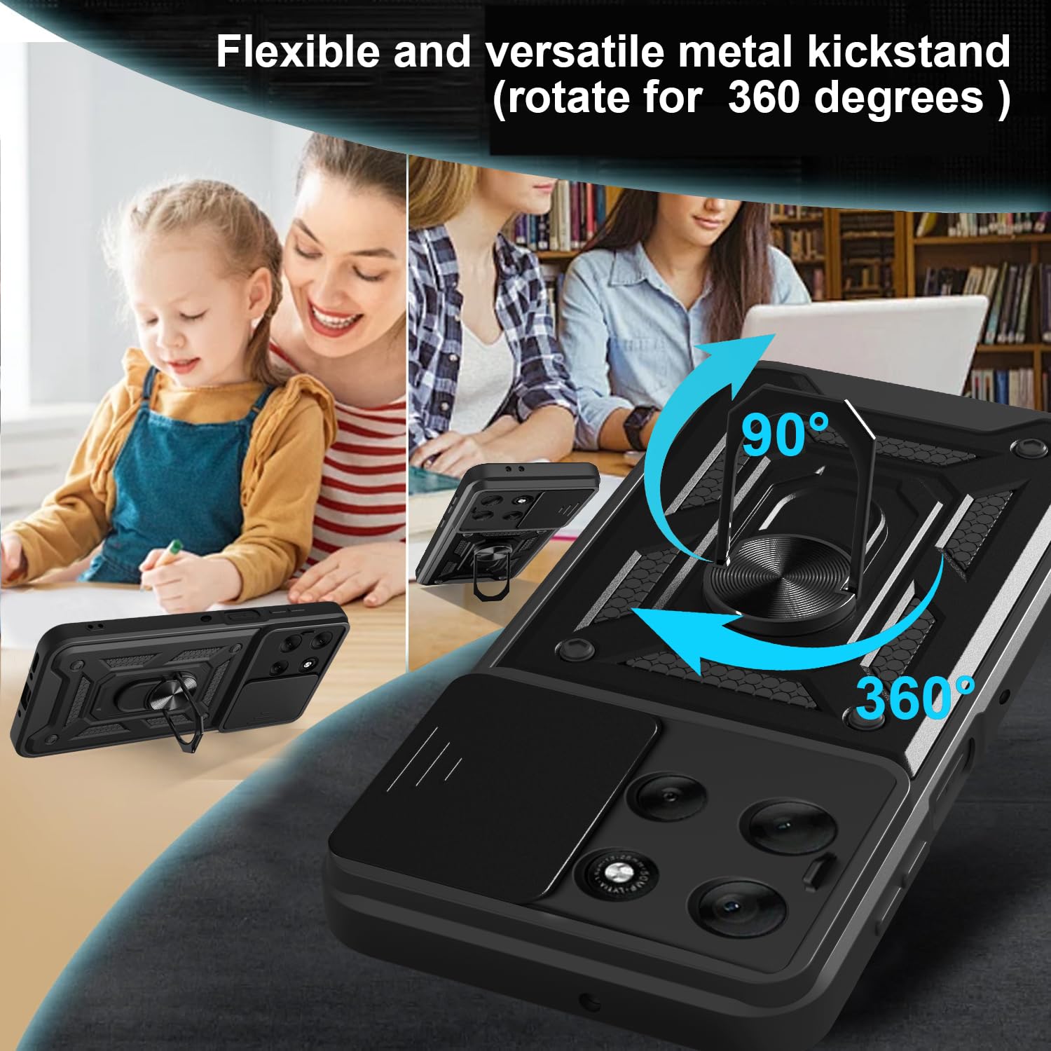 iCatchy Case for Motorola G56 Sliding Camera Cover Shockproof Heavy-duty Military Rugged Ring Holder Kickstand for Moto G56 Phone