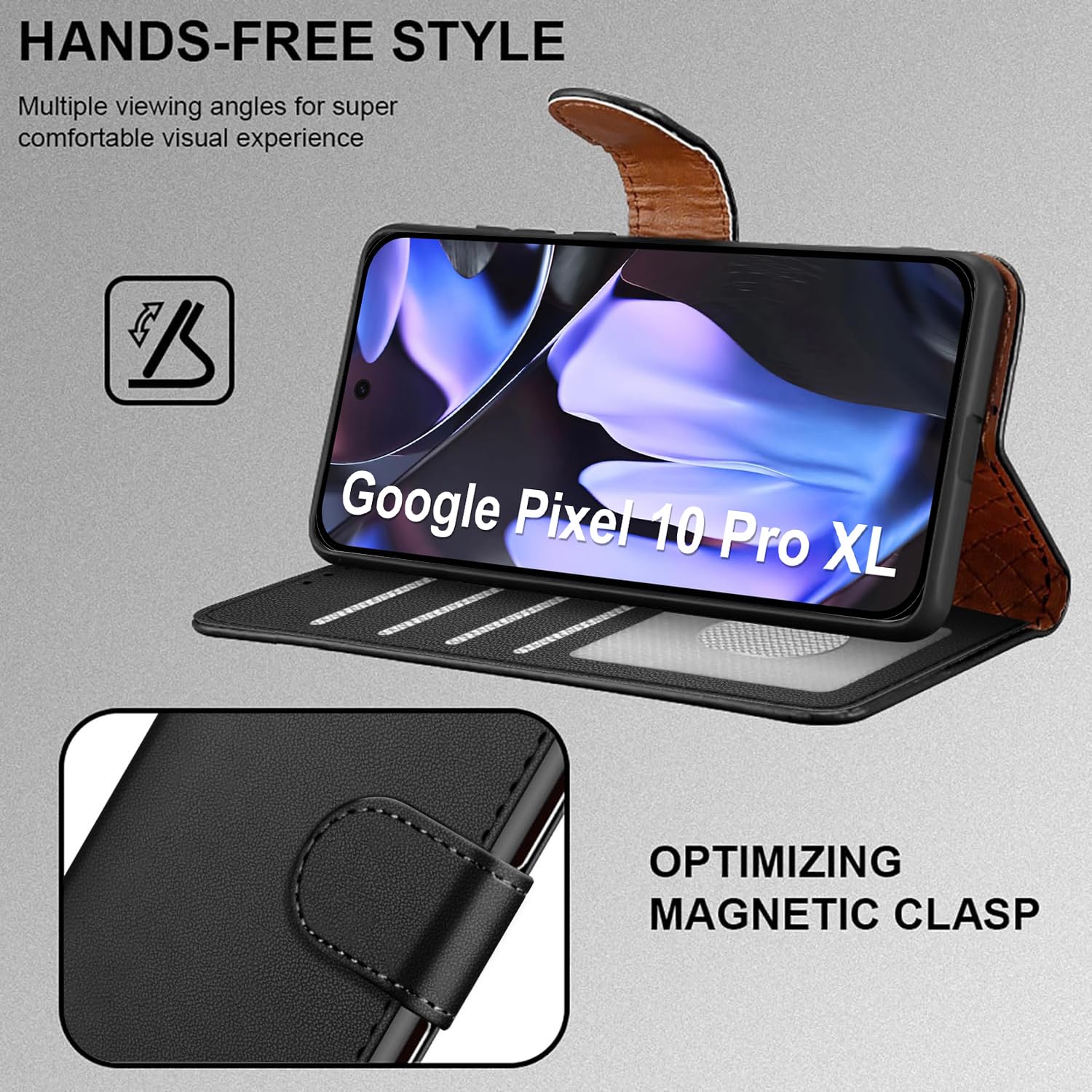 iCatchy Case for Google 10 Pro XL with 4 Card Slots Leather Wallet Flip Book Magnetic Closure Kickstand Shockproof Protective Phone Cover compatible with Pixel 10 Pro XL