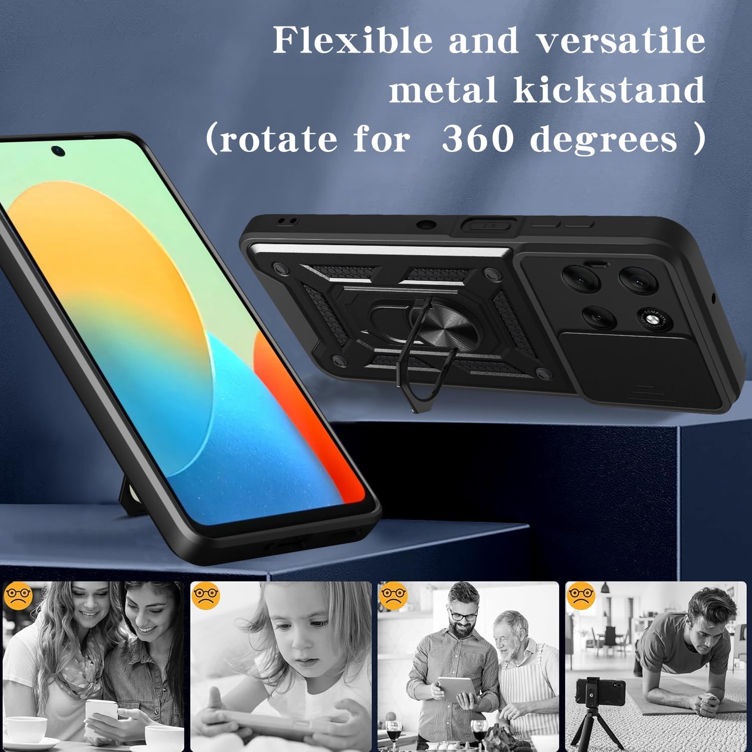 iCatchy Case for Motorola G56 Sliding Camera Cover Shockproof Heavy-duty Military Rugged Ring Holder Kickstand for Moto G56 Phone