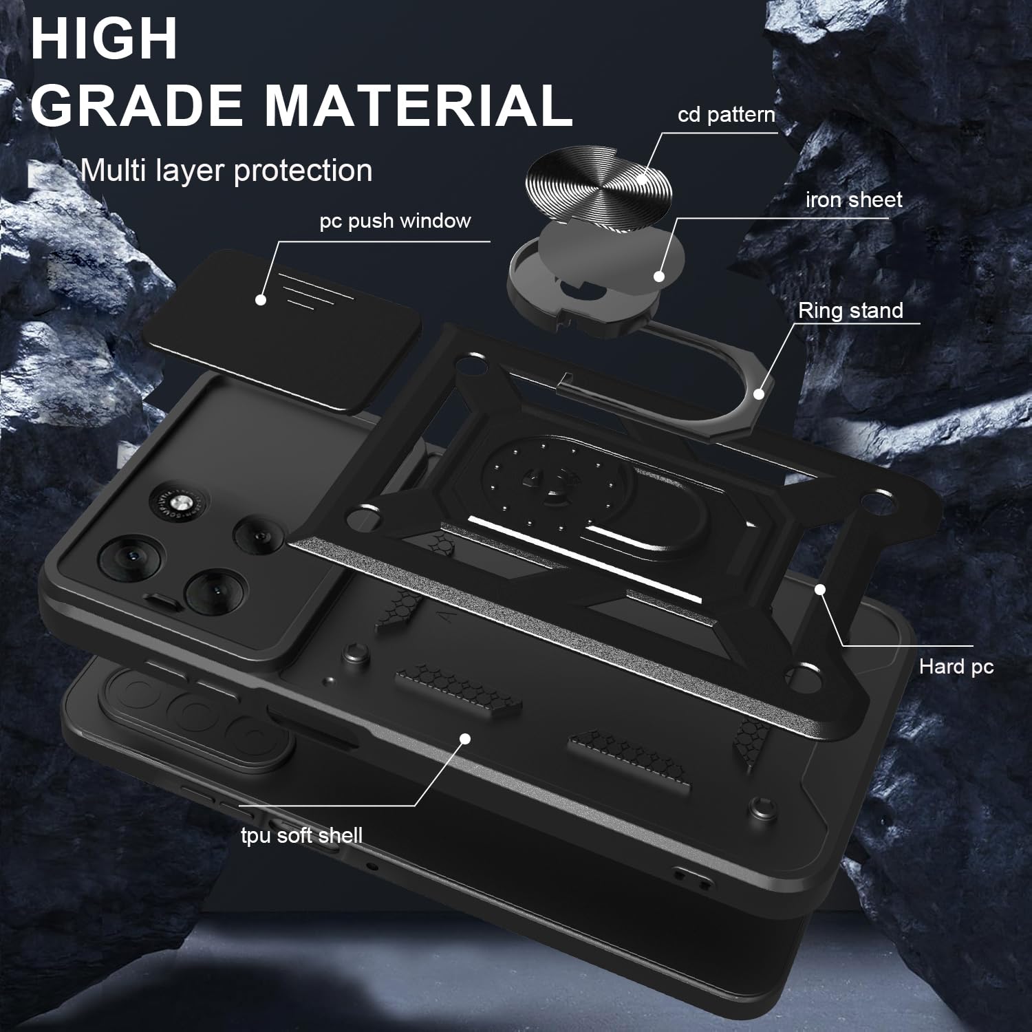 iCatchy Case for Motorola G56 Sliding Camera Cover Shockproof Heavy-duty Military Rugged Ring Holder Kickstand for Moto G56 Phone