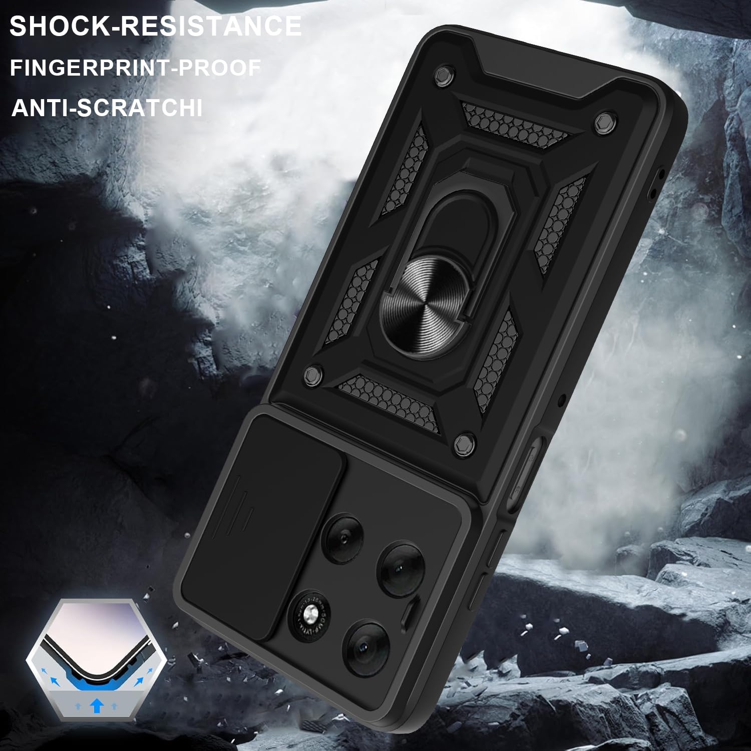 iCatchy Case for Motorola G56 Sliding Camera Cover Shockproof Heavy-duty Military Rugged Ring Holder Kickstand for Moto G56 Phone