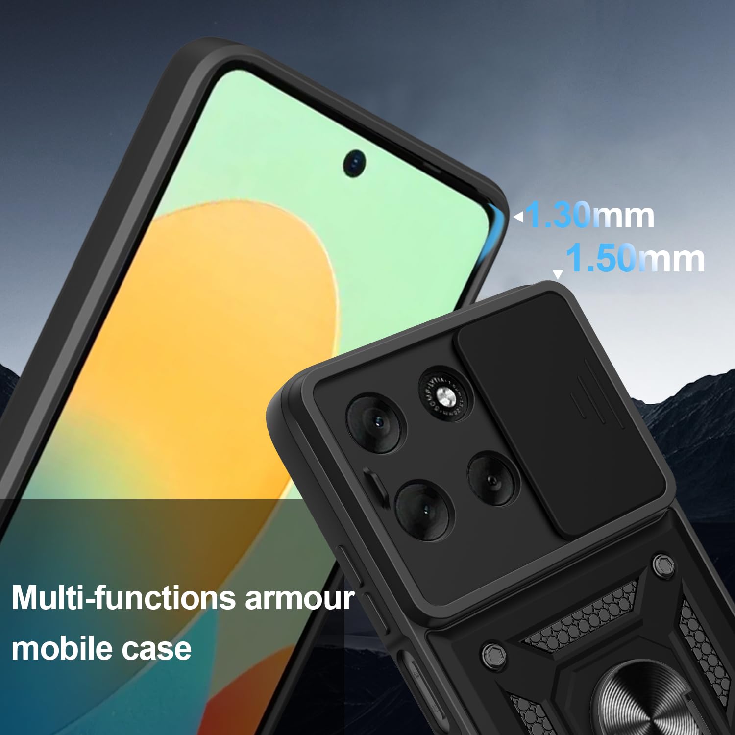 iCatchy Case for Motorola G56 Sliding Camera Cover Shockproof Heavy-duty Military Rugged Ring Holder Kickstand for Moto G56 Phone