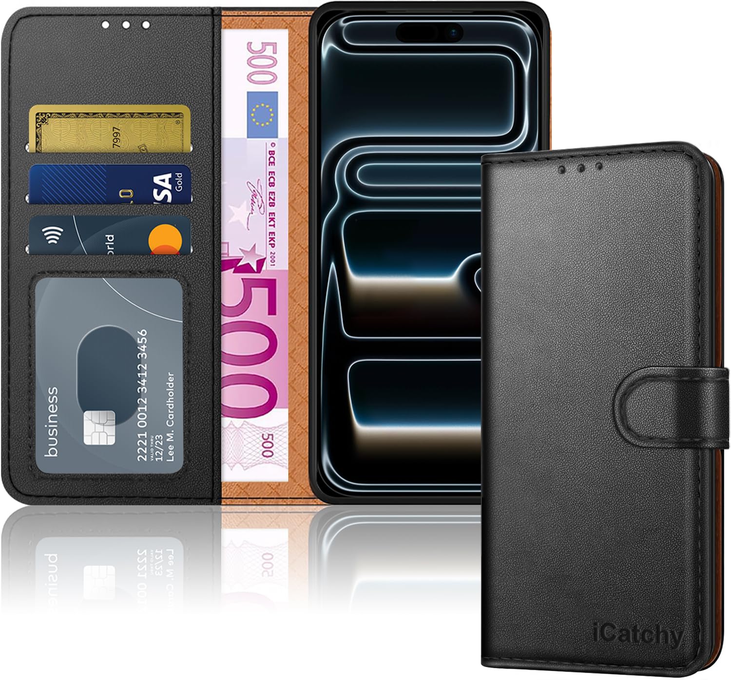 iCatchy for iPhone 17 Pro Case with 3 Card Slots Leather Wallet Flip Book Magnetic Closure Kickstand Shockproof Protective Phone Cover compatible with iPhone 17