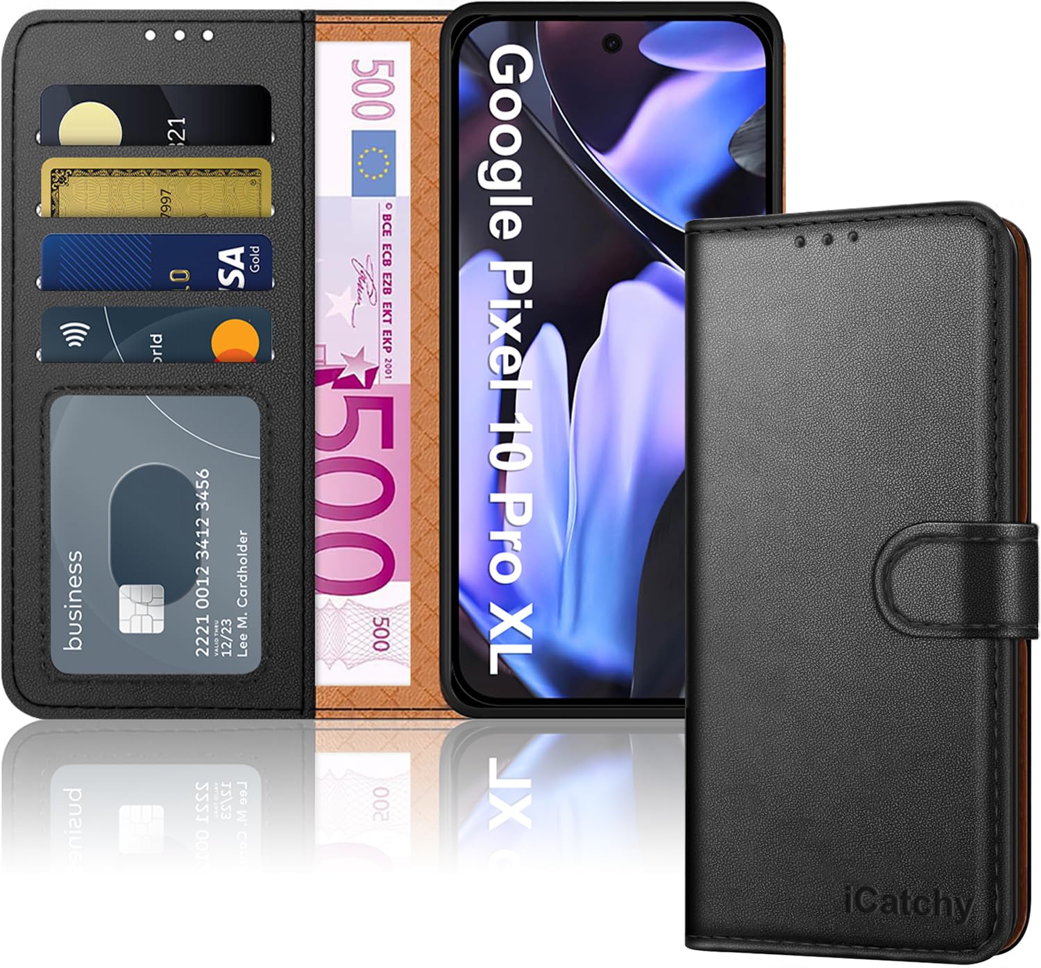 iCatchy Case for Google 10 Pro XL with 4 Card Slots Leather Wallet Flip Book Magnetic Closure Kickstand Shockproof Protective Phone Cover compatible with Pixel 10 Pro XL