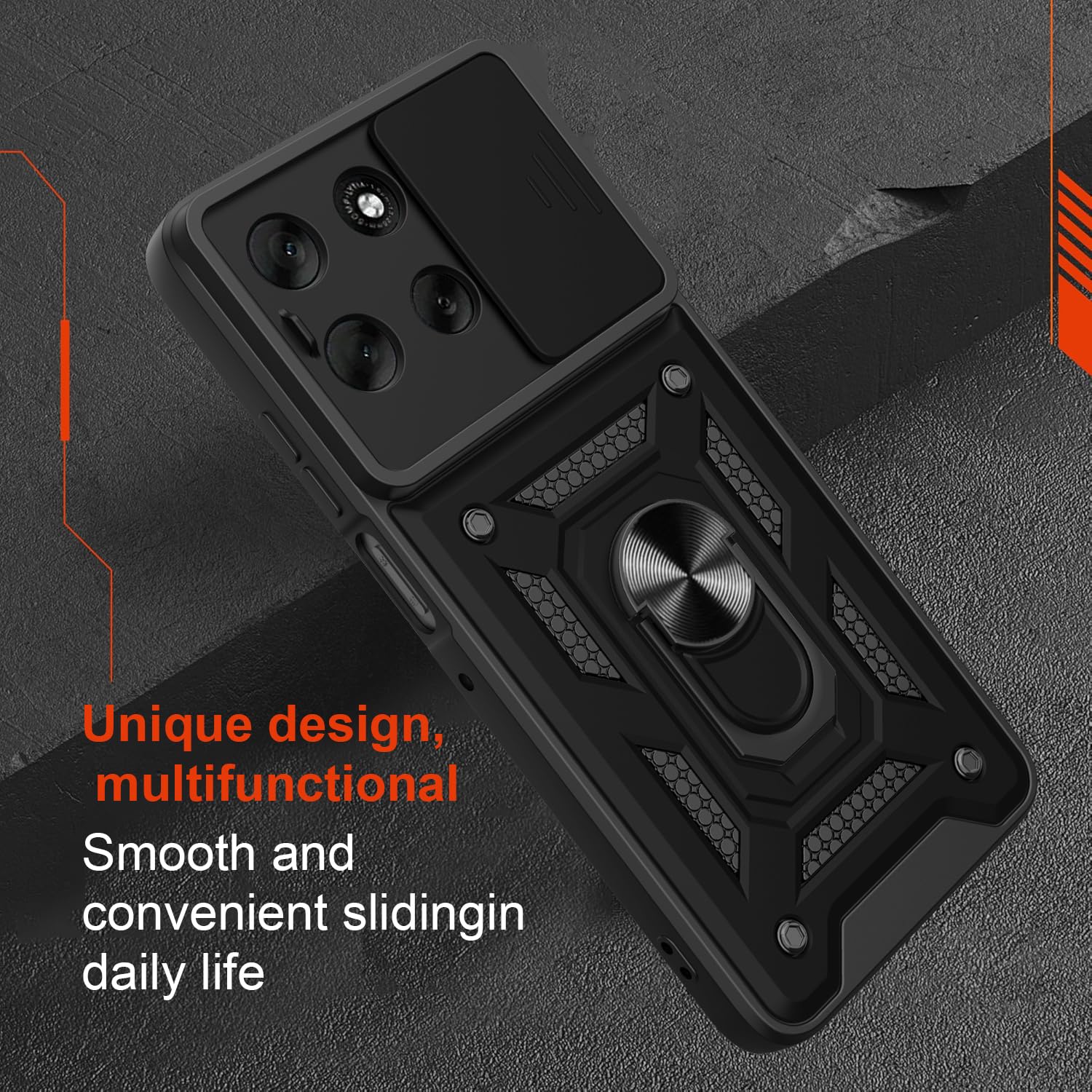 iCatchy Case for Motorola G56 Sliding Camera Cover Shockproof Heavy-duty Military Rugged Ring Holder Kickstand for Moto G56 Phone