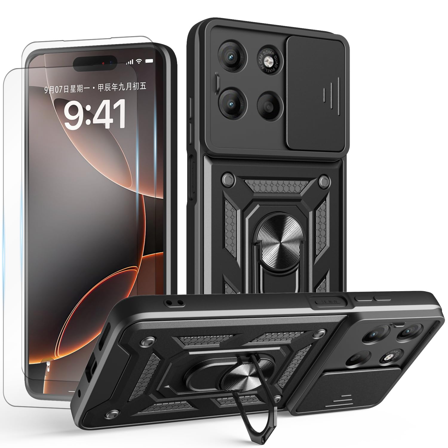 iCatchy Case for Motorola G15 With 2 Screen Protector Sliding Camera Cover Shockproof Heavy-duty Military Rugged Ring Holder Kickstand for Moto G15 Phone