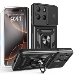 iCatchy Case for Motorola G15 With 2 Screen Protector Sliding Camera Cover Shockproof Heavy-duty Military Rugged Ring Holder Kickstand for Moto G15 Phone