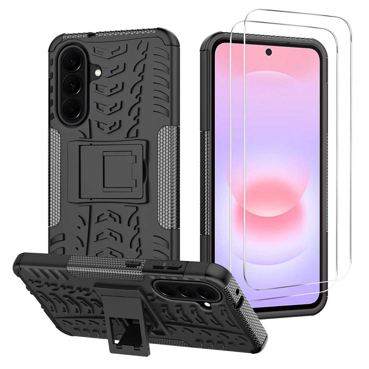 iCatchy for Samsung Galaxy A37 5G Rugged Protective Case with Kickstand and 2 Tempered Glass Screen Protectors, Shockproof Dual Layer Heavy Duty Armor Bumper Cover