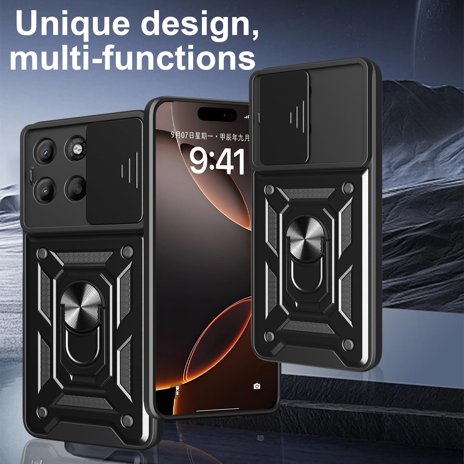 iCatchy Case for Motorola G15 With 2 Screen Protector Sliding Camera Cover Shockproof Heavy-duty Military Rugged Ring Holder Kickstand for Moto G15 Phone