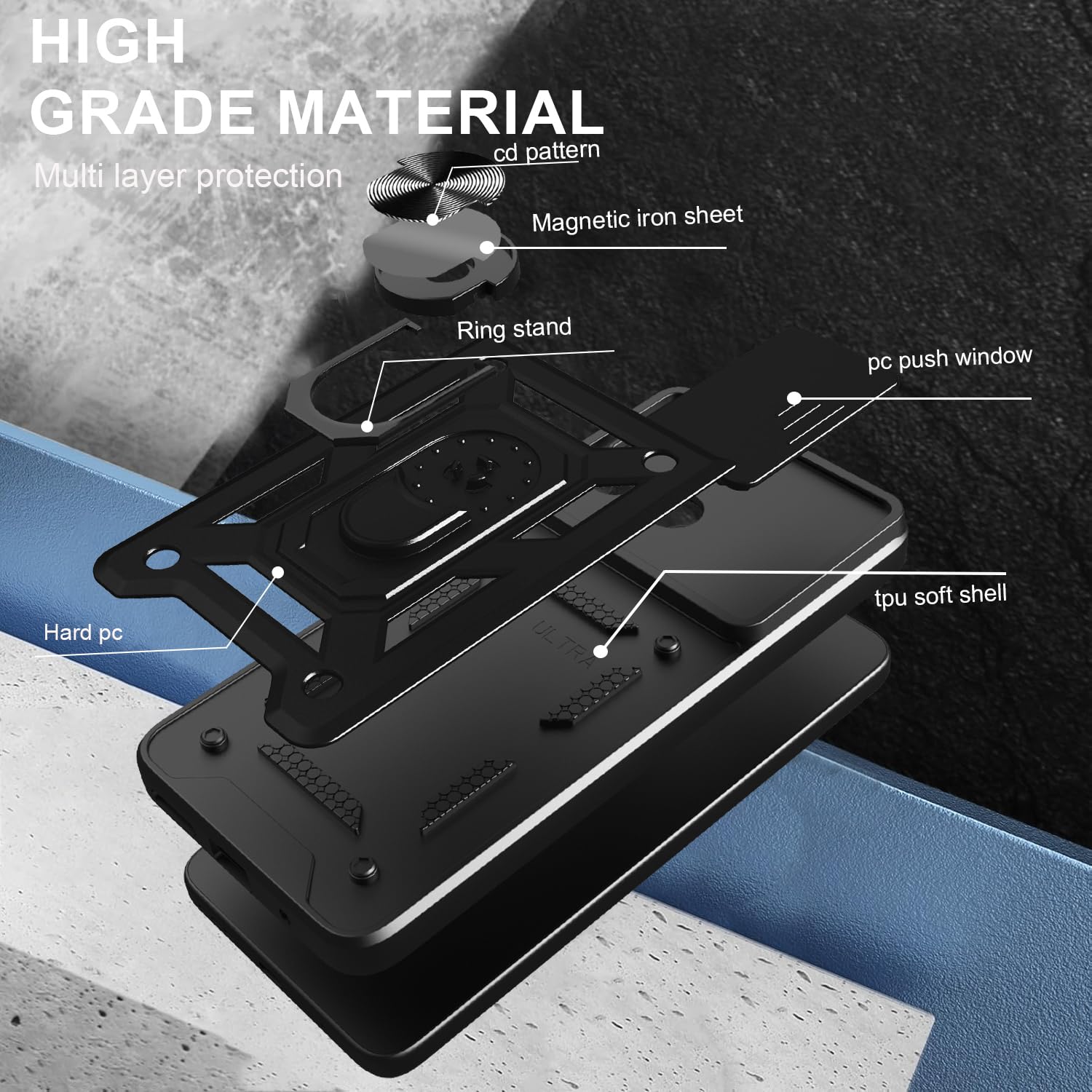 iCatchy Case for Motorola G15 With 2 Screen Protector Sliding Camera Cover Shockproof Heavy-duty Military Rugged Ring Holder Kickstand for Moto G15 Phone