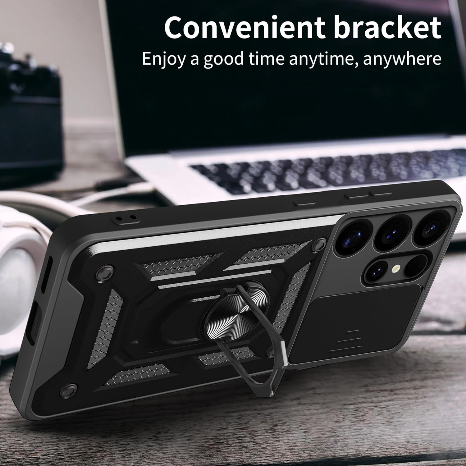 iCatchy for Samsung Galaxy S25 Ultra Case Military Grade Drop Protection Bumper Cover, 360°Rotate Magnetic Ring Stand, Slide Camera Lens Anti-Scratch Hybrid Tough Shell