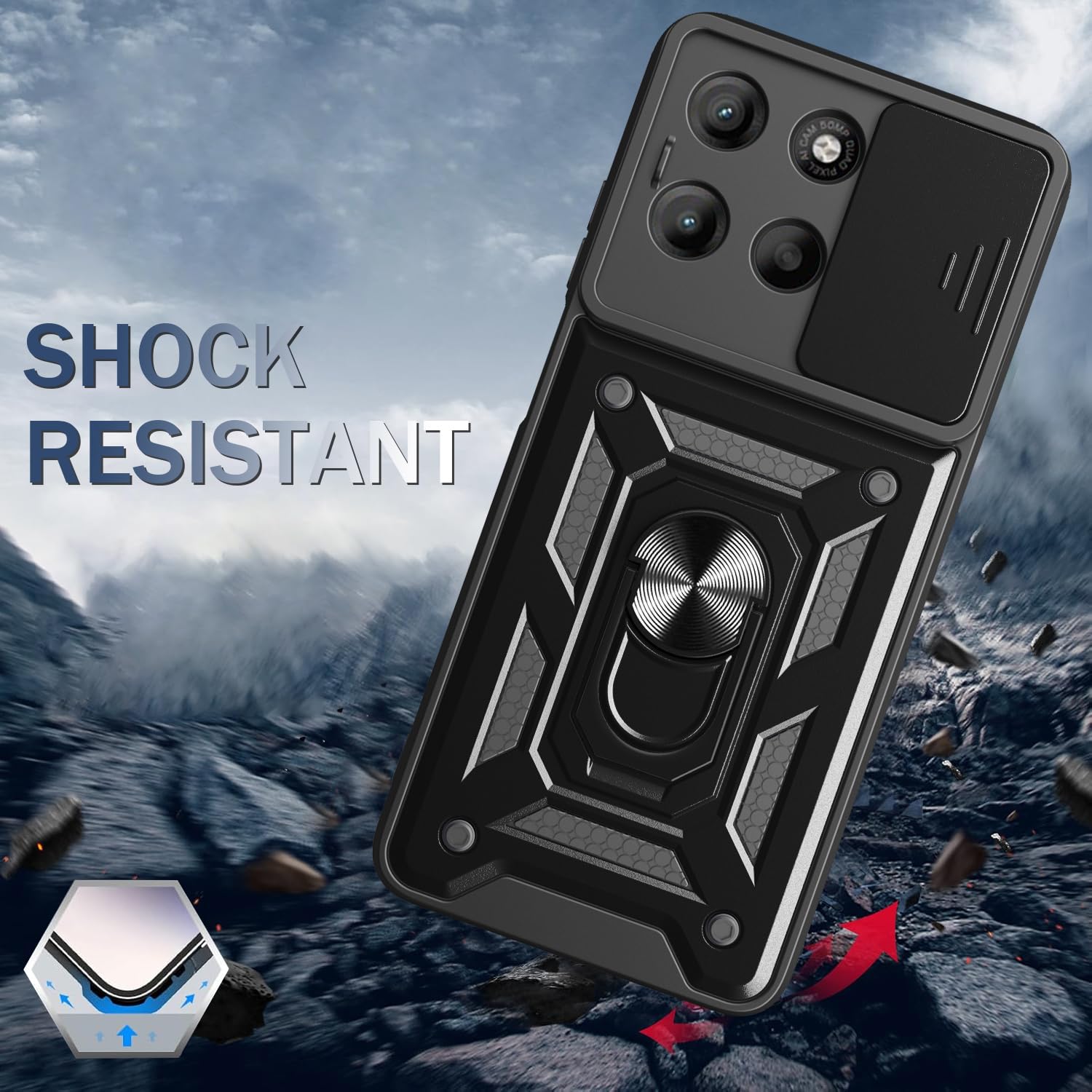 iCatchy Case for Motorola G15 With 2 Screen Protector Sliding Camera Cover Shockproof Heavy-duty Military Rugged Ring Holder Kickstand for Moto G15 Phone