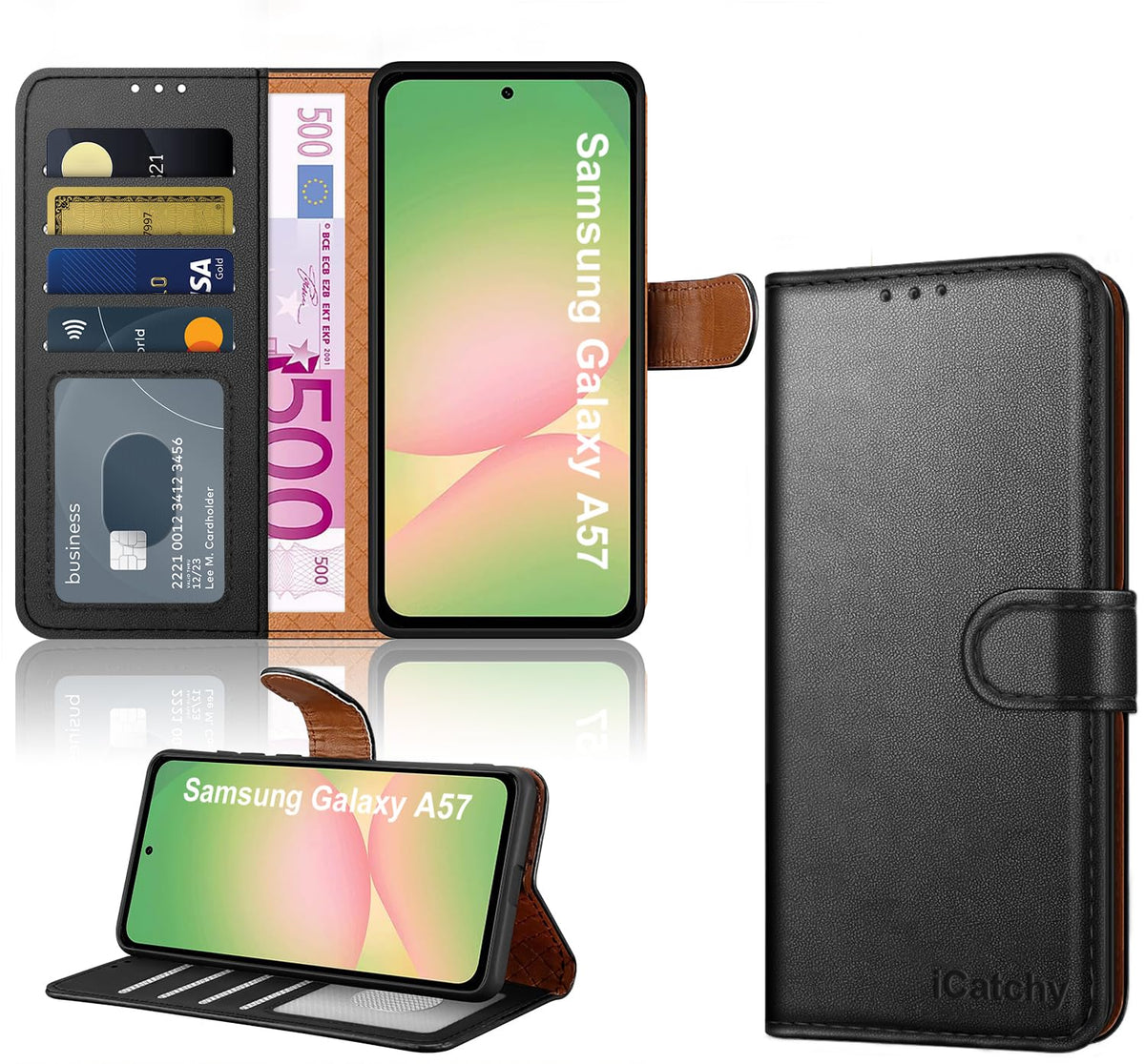 iCatchy for Samsung A57 Case with 4 Card Slots Leather Wallet Flip Book Magnetic Closure Kickstand Shockproof Protective Phone Cover compatible with Galaxy A57