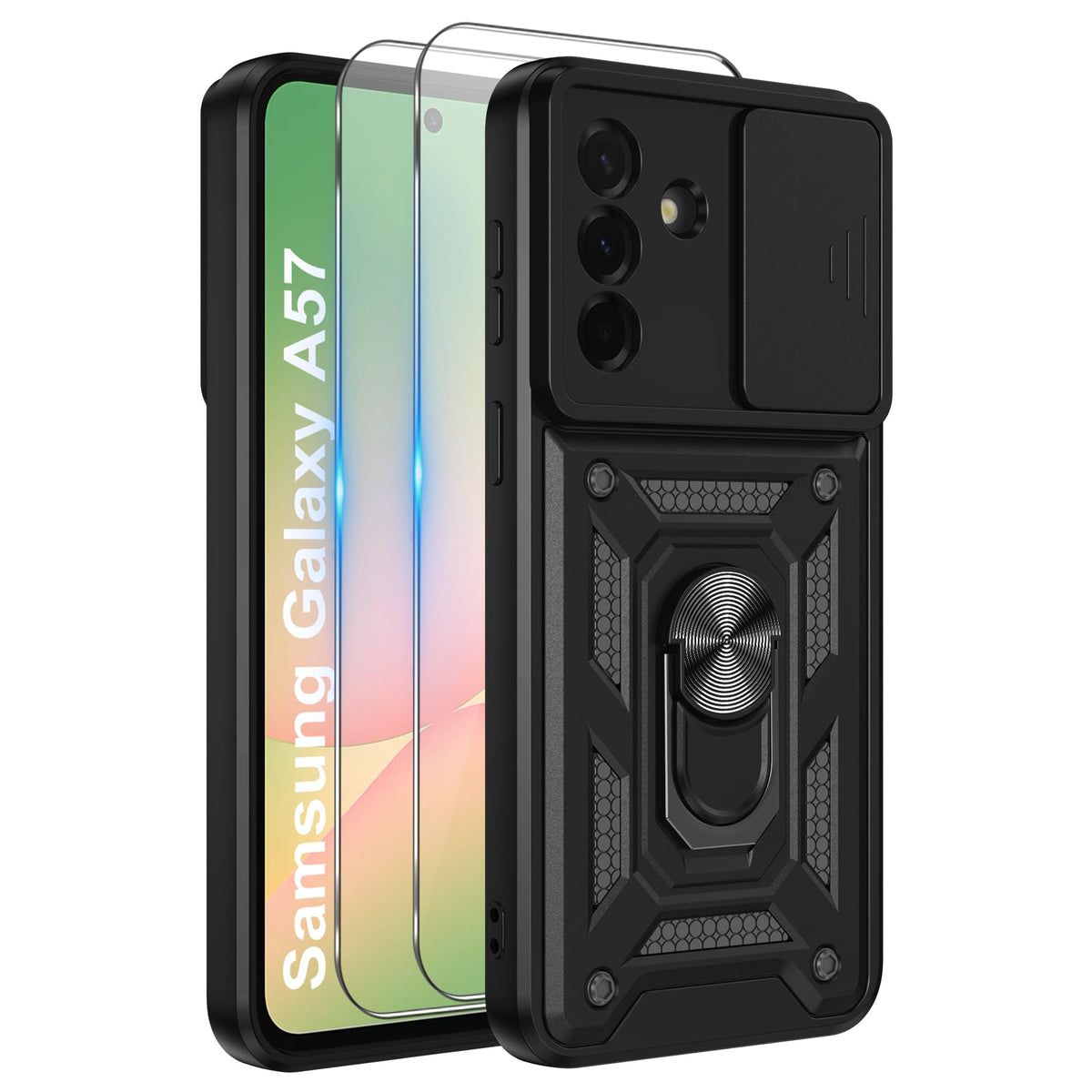iCatchy Case for Samsung Galaxy A57 With 2 Screen Protector Sliding Camera Cover Shockproof Heavy-duty Military Rugged Ring Holder Kickstand for Galaxy A57 Phone