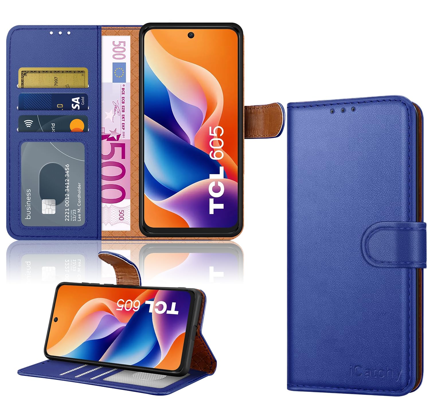 iCatchy for TCL 605 Case with 3 Card Slots Leather Wallet Flip Book RFID Blocking Magnetic Closure Kickstand Shockproof Protective Phone Cover compatible with TCL 605