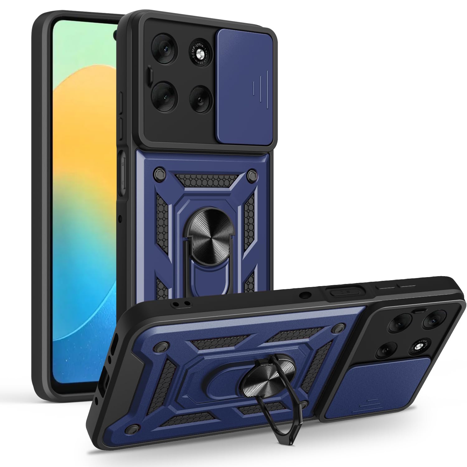 iCatchy Case for Motorola G56 Sliding Camera Cover Shockproof Heavy-duty Military Rugged Ring Holder Kickstand for Moto G56 Phone