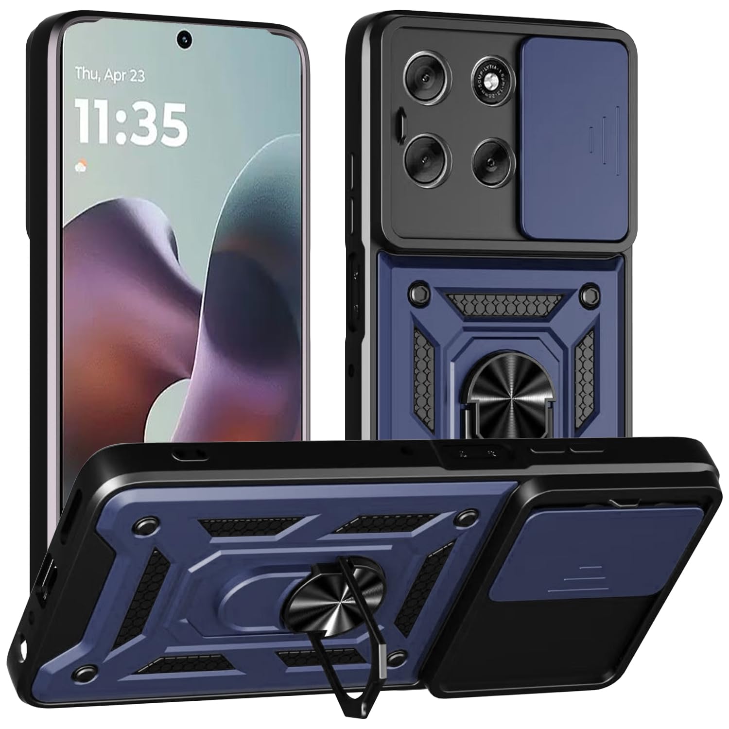 iCatchy Case for Motorola G56 Sliding Camera Cover Shockproof Heavy-duty Military Rugged Ring Holder Kickstand for Moto G56 Phone