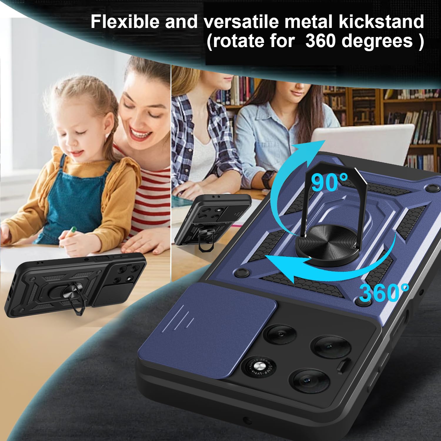 iCatchy Case for Motorola G56 Sliding Camera Cover Shockproof Heavy-duty Military Rugged Ring Holder Kickstand for Moto G56 Phone