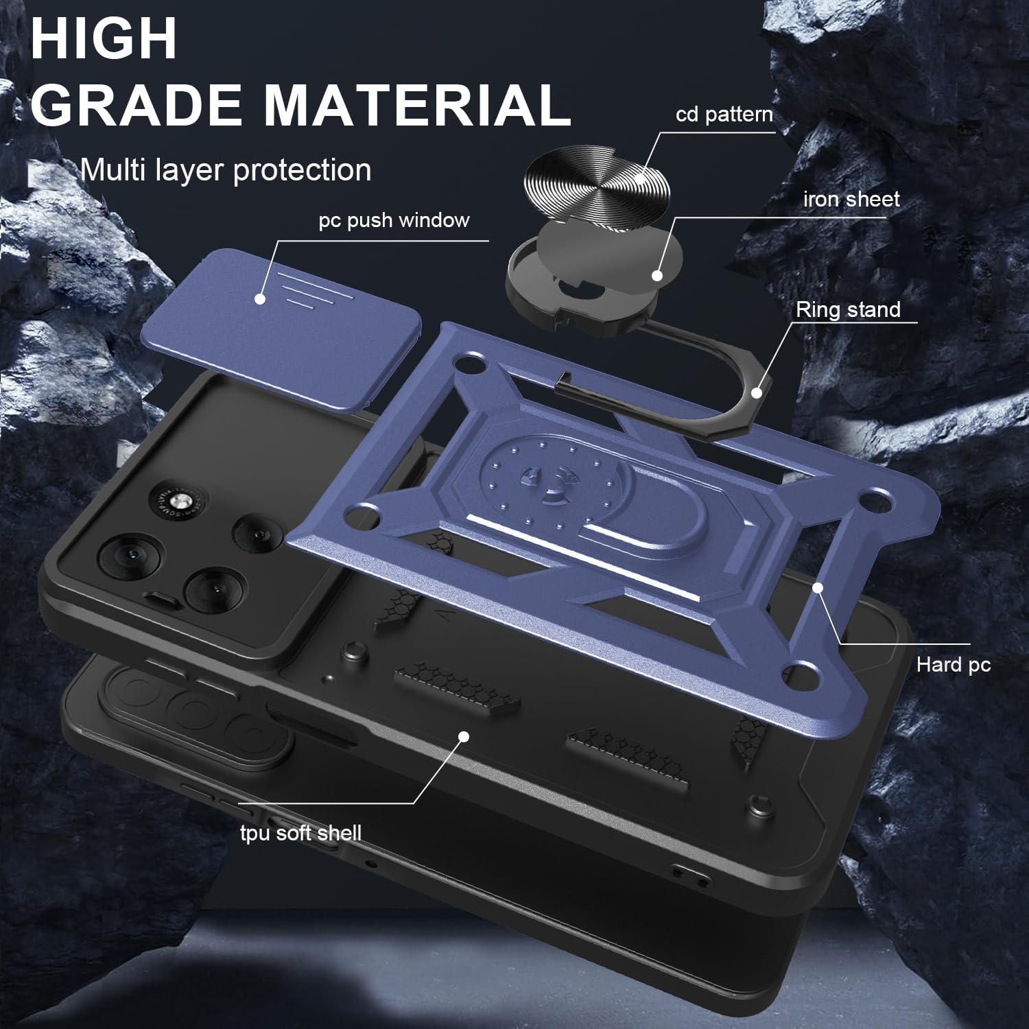 iCatchy Case for Motorola G56 Sliding Camera Cover Shockproof Heavy-duty Military Rugged Ring Holder Kickstand for Moto G56 Phone