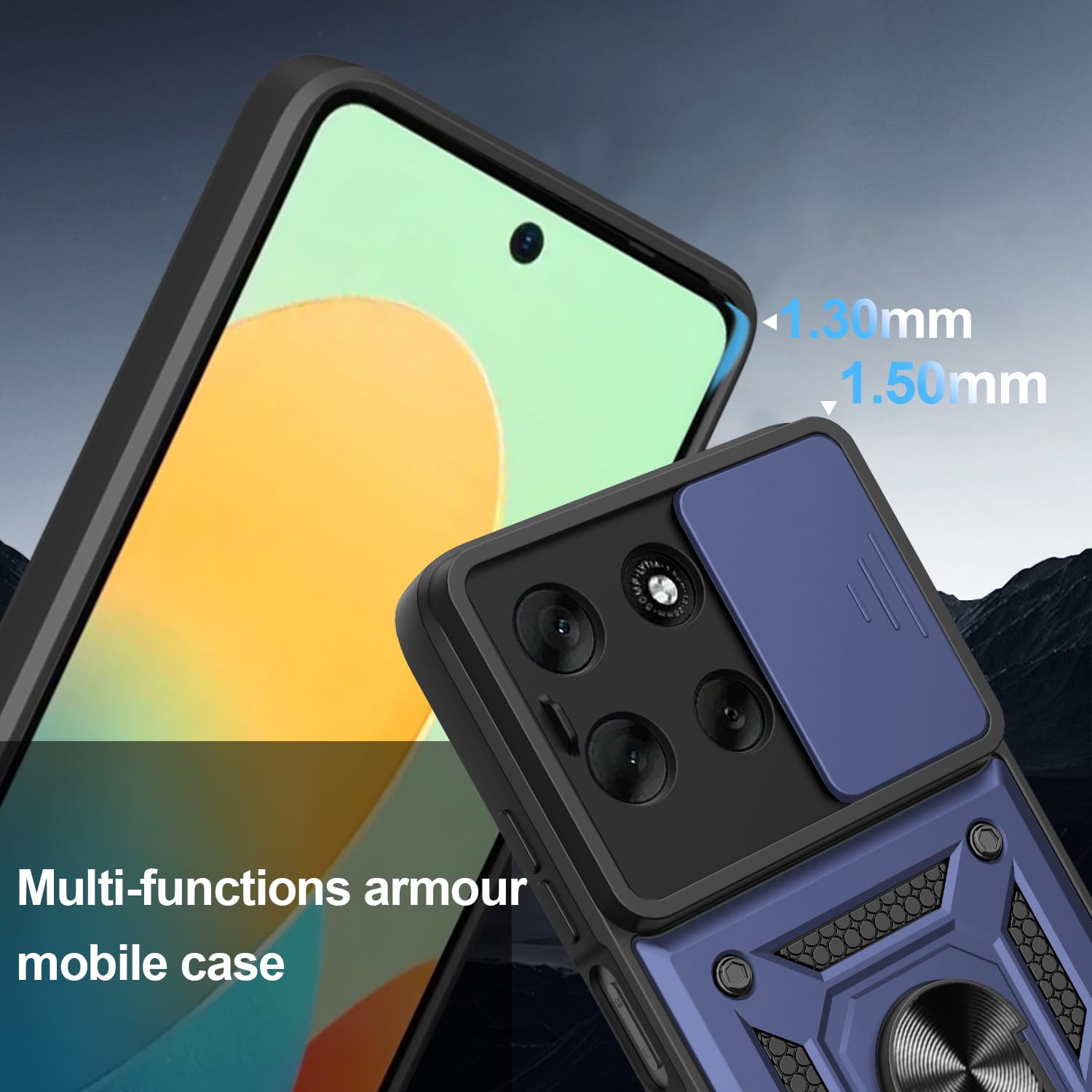 iCatchy Case for Motorola G56 Sliding Camera Cover Shockproof Heavy-duty Military Rugged Ring Holder Kickstand for Moto G56 Phone